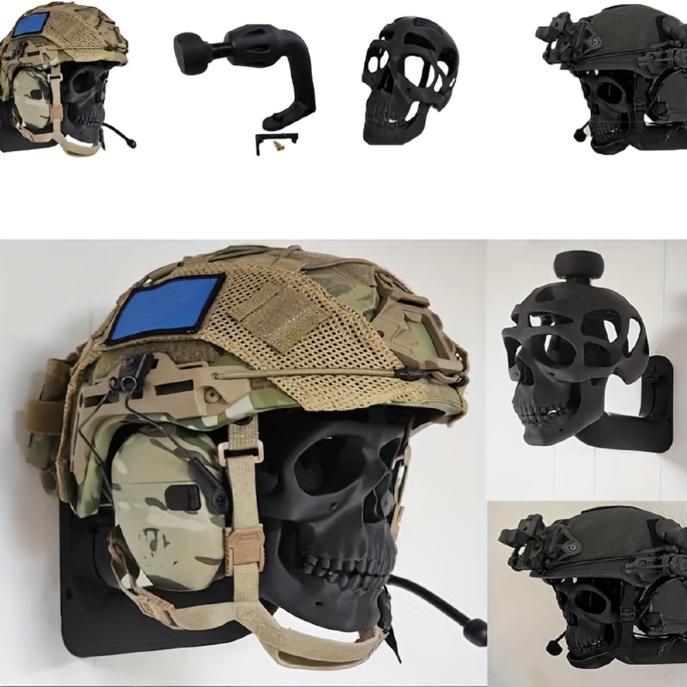 Motorcycle Gear Display Rack - 耐久性のある3Dスカルヘルメットディスプレイラック、安全クリップ付き壁掛け式バイクヘルメットホルダー、プラスチック製アウトドアギア収納オーガナイザー、スタイリッシュで創造的な省スペースヘルメットラック（簡単アクセス）