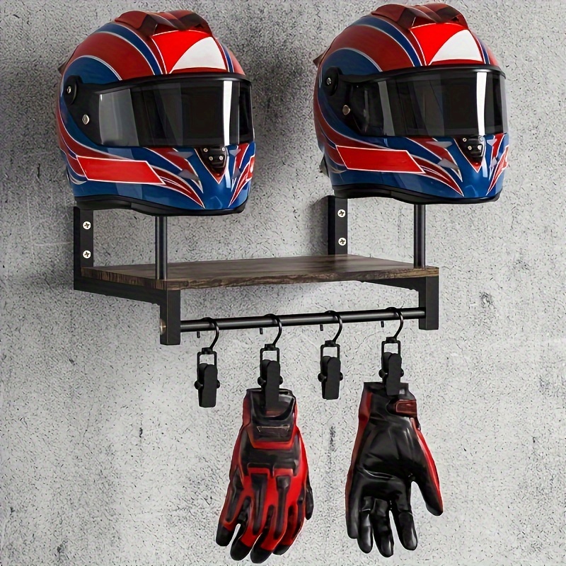 Motorcycle Gear Display Rack - 壁掛け式オートバイヘルメット＆ギアディスプレイラック（フック付き）-耐久性のある木製構造