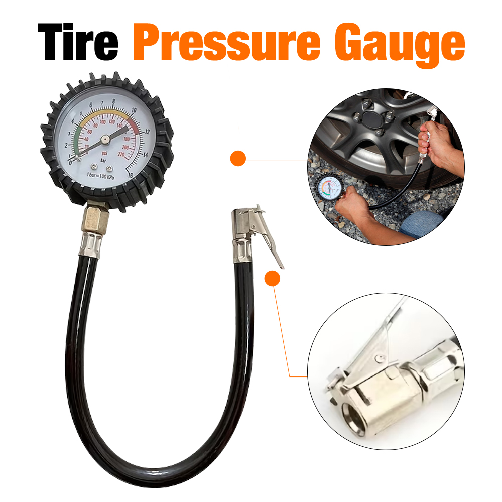 Tyre Pressure Gauge - 220PSI カータイヤ空気圧テスター、高精度ロングチューブタイヤゲージメーター、自動車、オートバイ、トラック、自転車の測定ツール