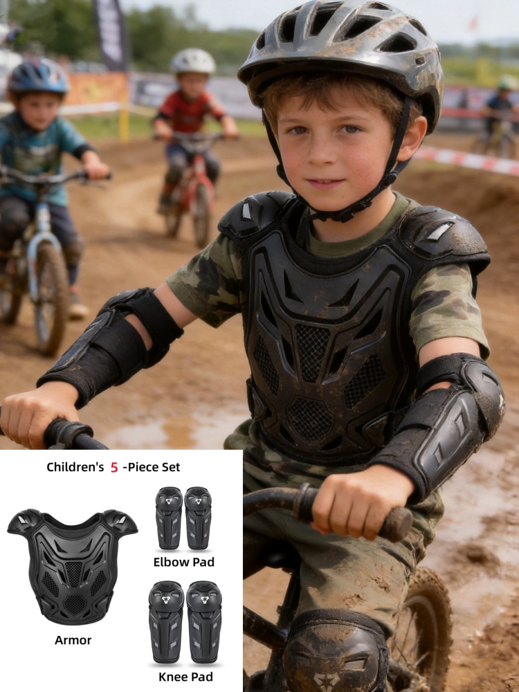 Motorcycle Gear For Kids - 子供用バイク用プロテクターベスト 5点セット 膝肘パッド モトクロス オフロード チェストバックプロテクター