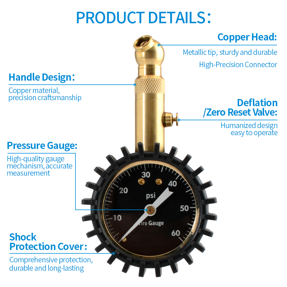 0-60PSI高精度タイヤ空気圧計2インチダイヤル銅金属ゴム - Tyre Pressure Gauge のレビューと価格