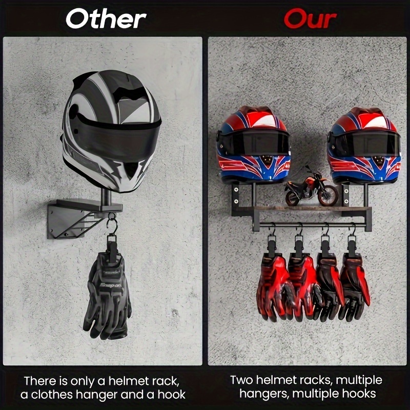 壁掛け式オートバイヘルメット＆ギアディスプレイラック（フック - Motorcycle Gear Display Rack のレビューと価格