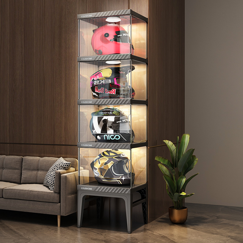 オートバイヘルメット収納キャビネット ギアやフィギュア用のス - Motorcycle Gear Display Rack のレビューと価格