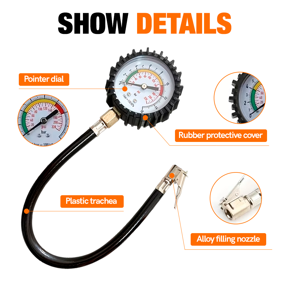 220PSI カータイヤ空気圧テスター、高精度ロングチューブ - Tyre Pressure Gauge のレビューと価格