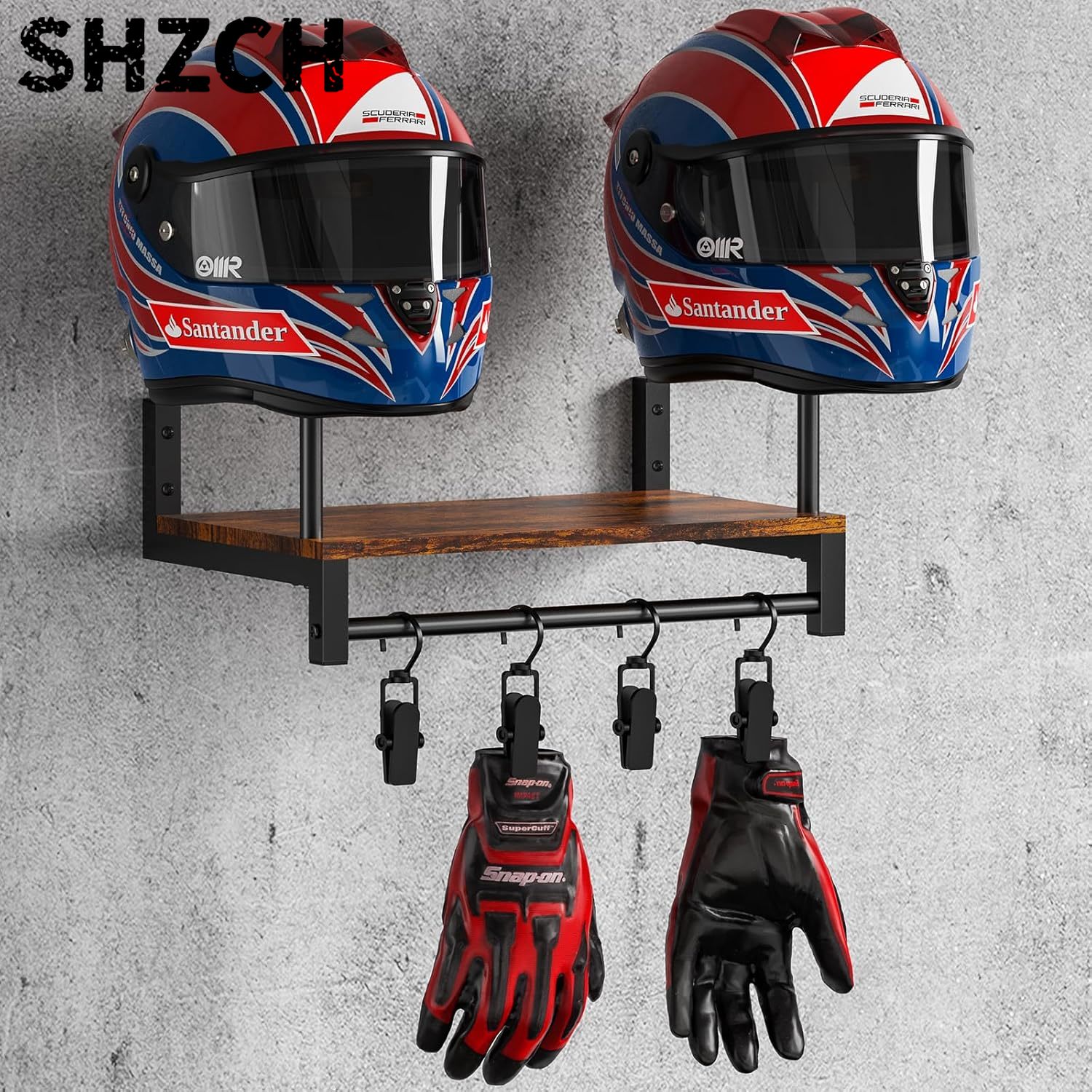 デュアルオートバイヘルメットラック、壁掛け木製ディスプレイス - Motorcycle Gear Display Rack のレビューと価格
