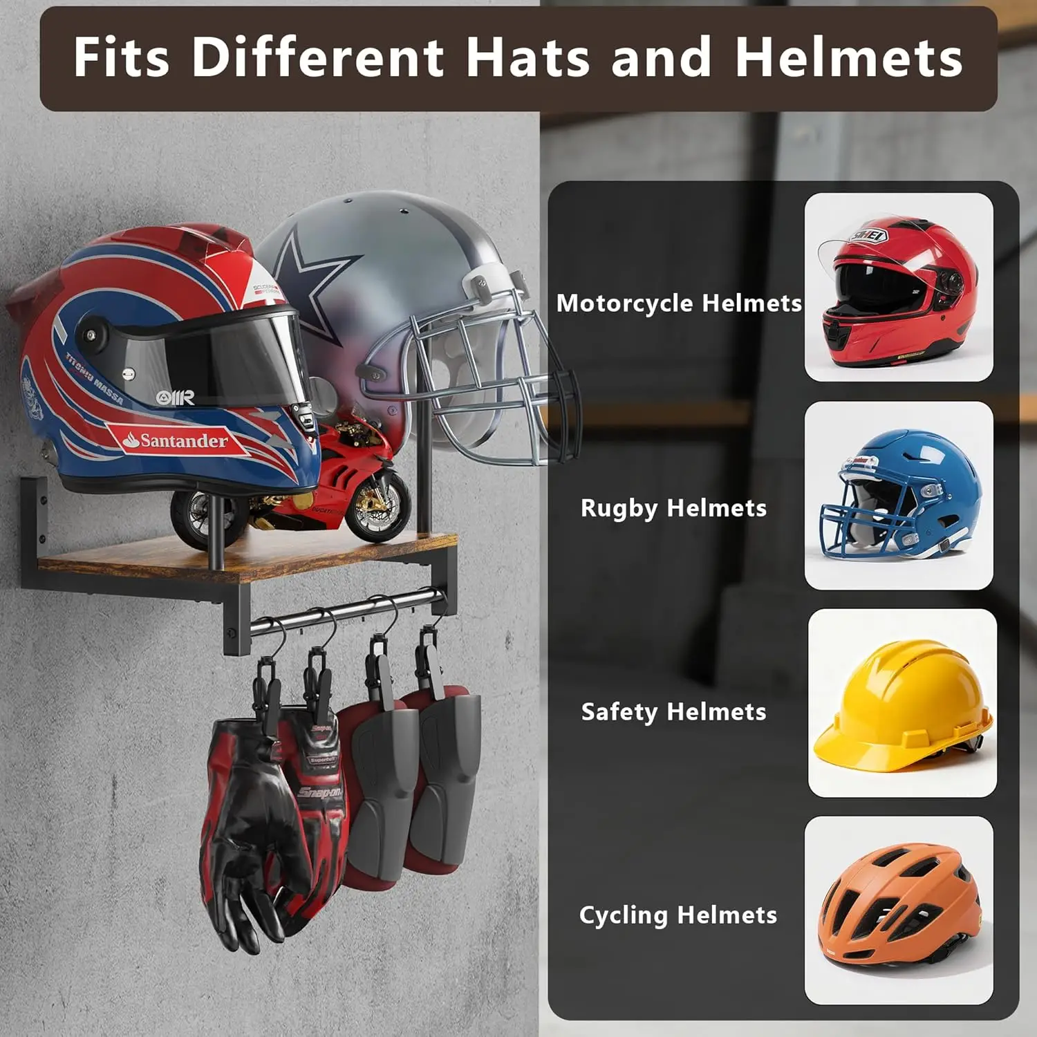 デュアルオートバイヘルメットラック、壁掛け木製ディスプレイス - Motorcycle Gear Display Rack のレビューと価格